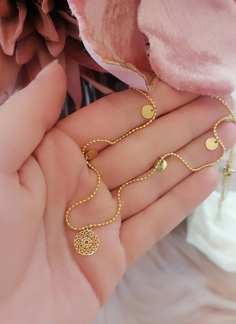 Halskette Plättchen „Mandala des Glücks“ Gold