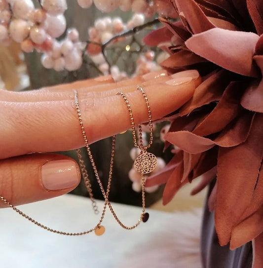 Halskette Plättchen „Mandala des Glücks“ Roségold