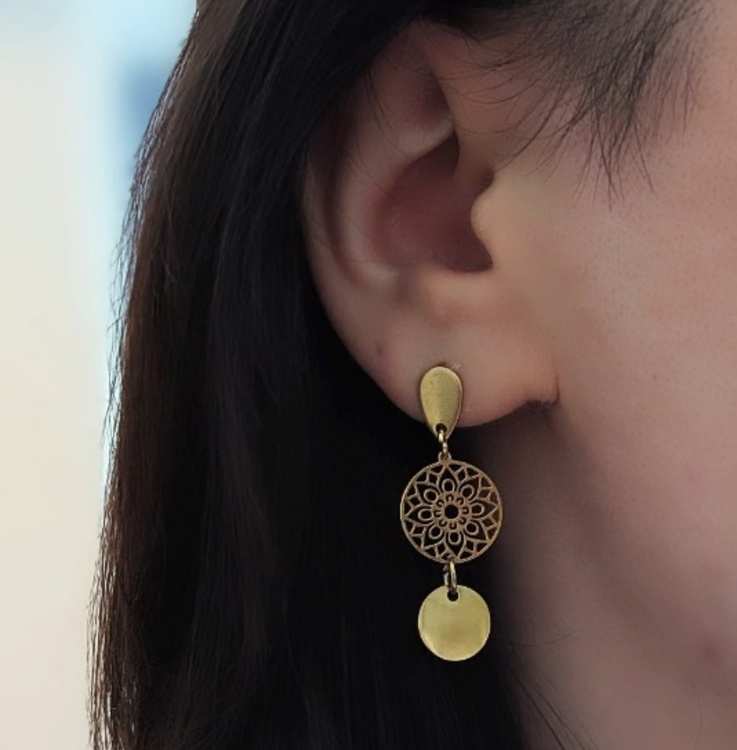 Mandala Ohrringe Edelstahl gold | Ornamentale Ohrhänger 38 mm