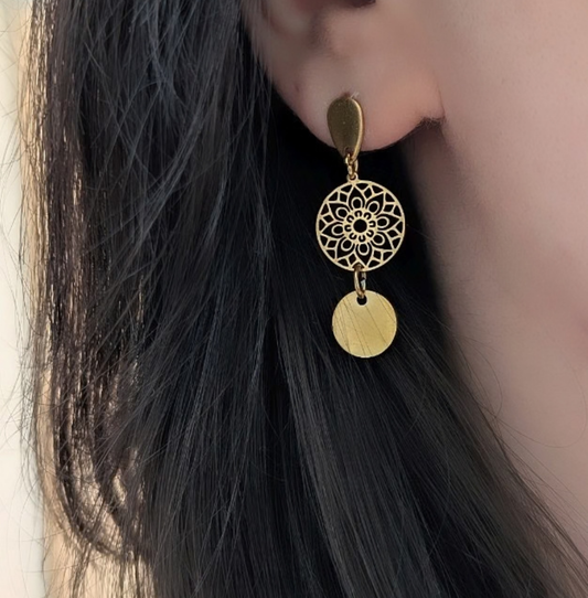 Mandala Ohrringe Edelstahl gold | Ornamentale Ohrhänger 38 mm
