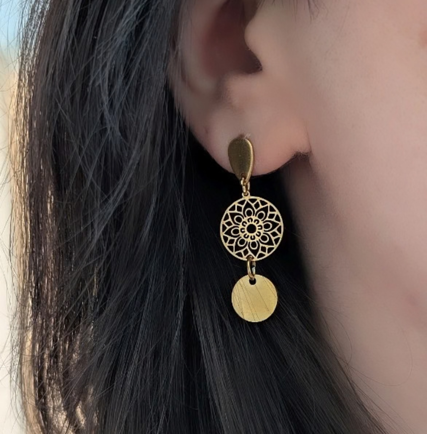 Mandala Ohrringe Edelstahl gold | Ornamentale Ohrhänger 38 mm