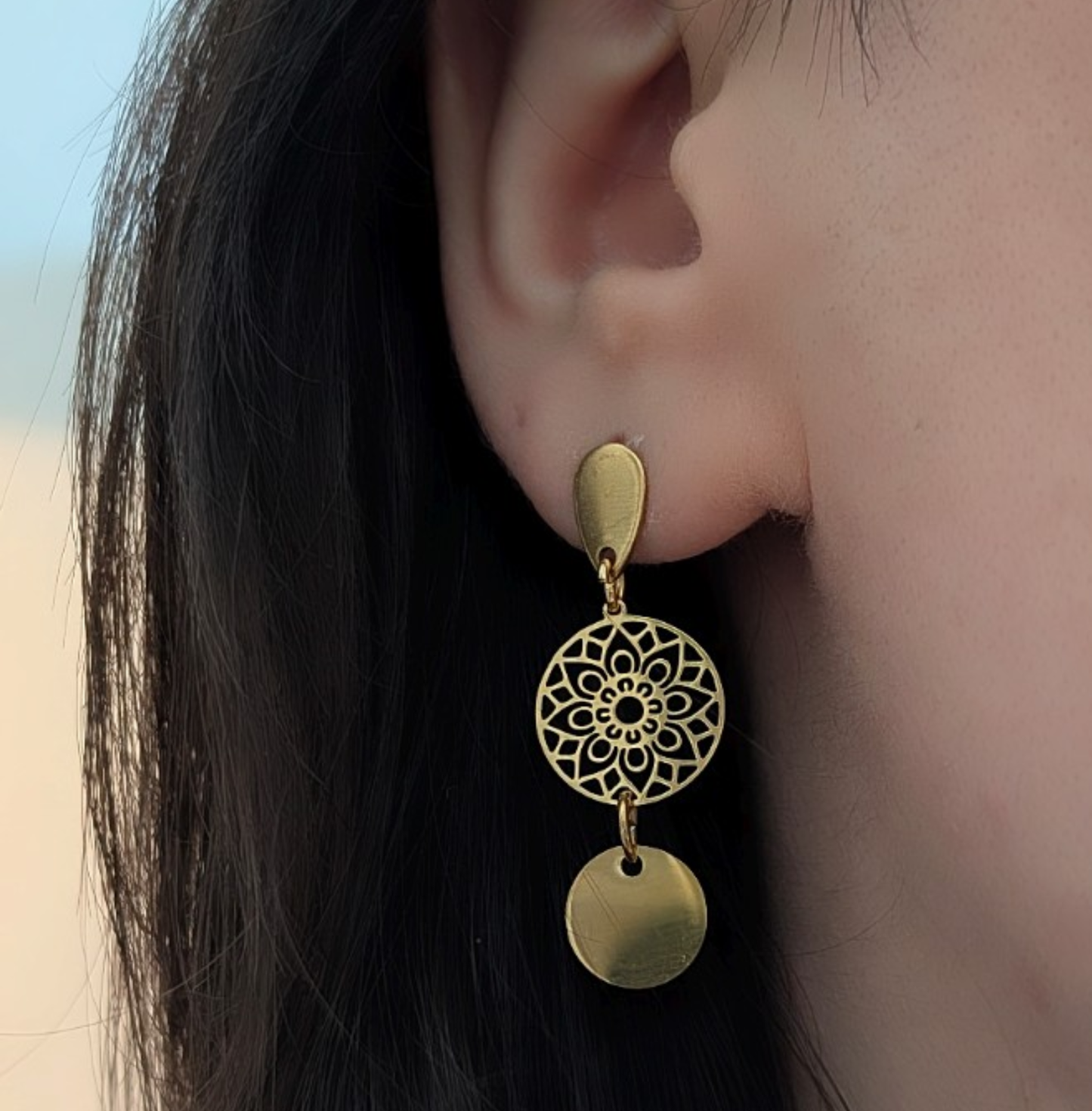 Mandala Ohrringe Edelstahl gold | Ornamentale Ohrhänger 38 mm
