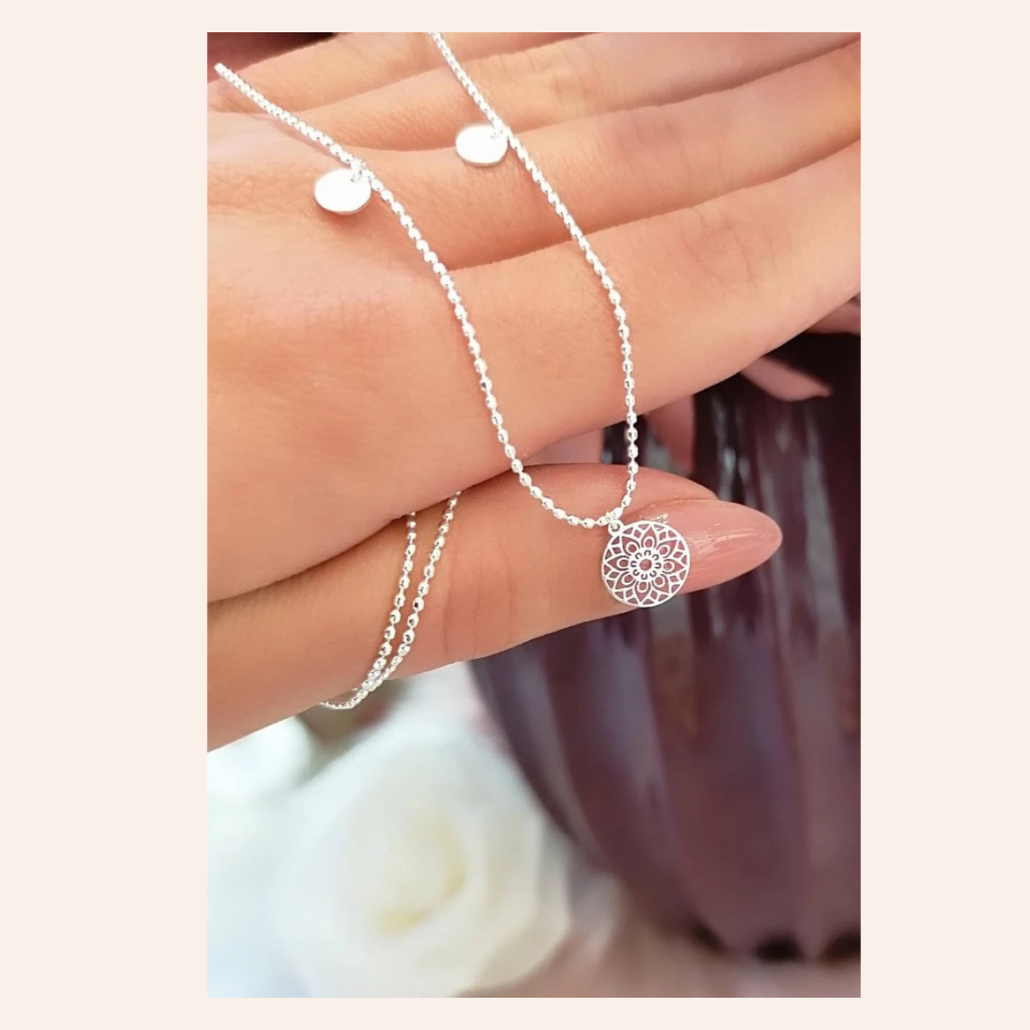 Halskette Plättchen „Mandala des Glücks“ Silber