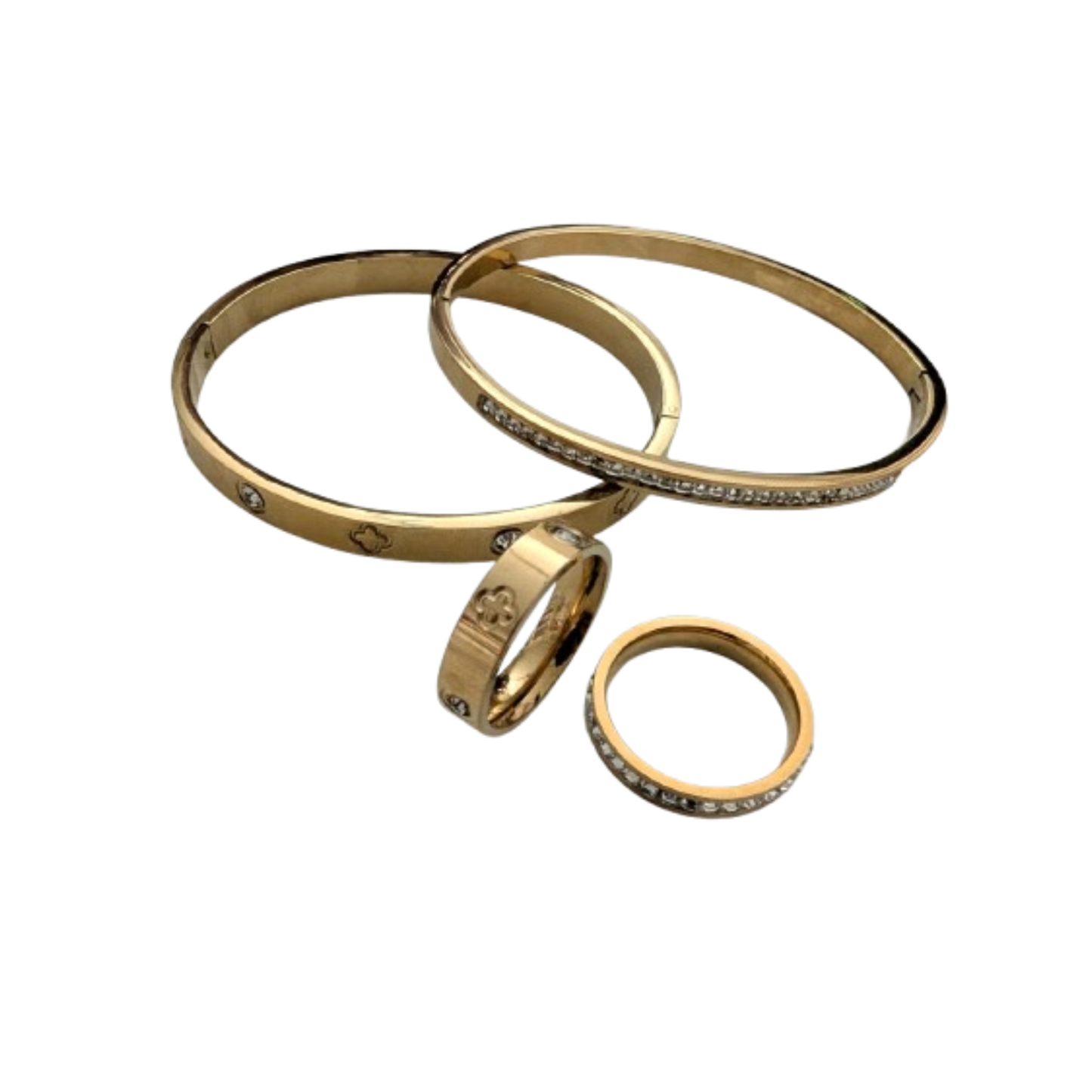Schmuckset „Golden Luxe“ – 2 Ringe & 2 Armreifen | Edelstahl Gold | Mit Kristallen