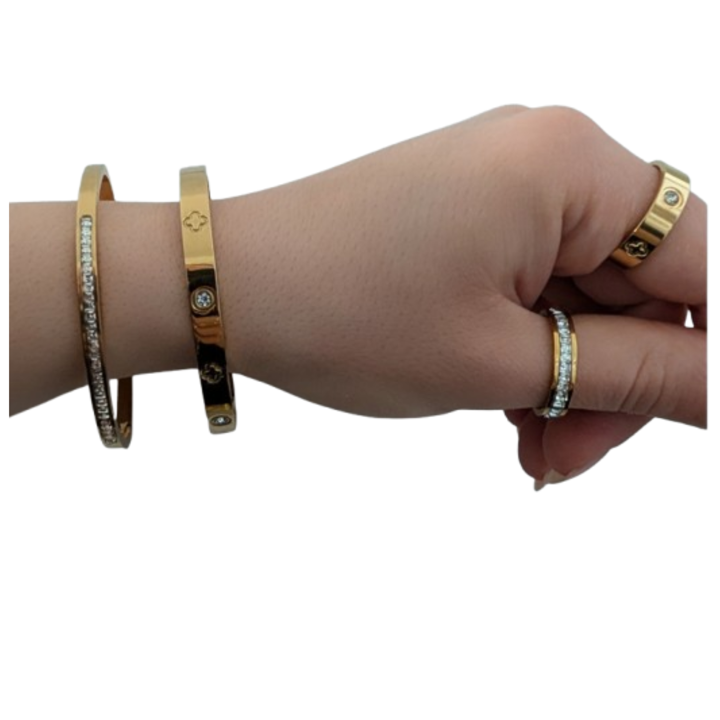 Schmuckset „Golden Luxe“ – 2 Ringe & 2 Armreifen | Edelstahl Gold | Mit Kristallen